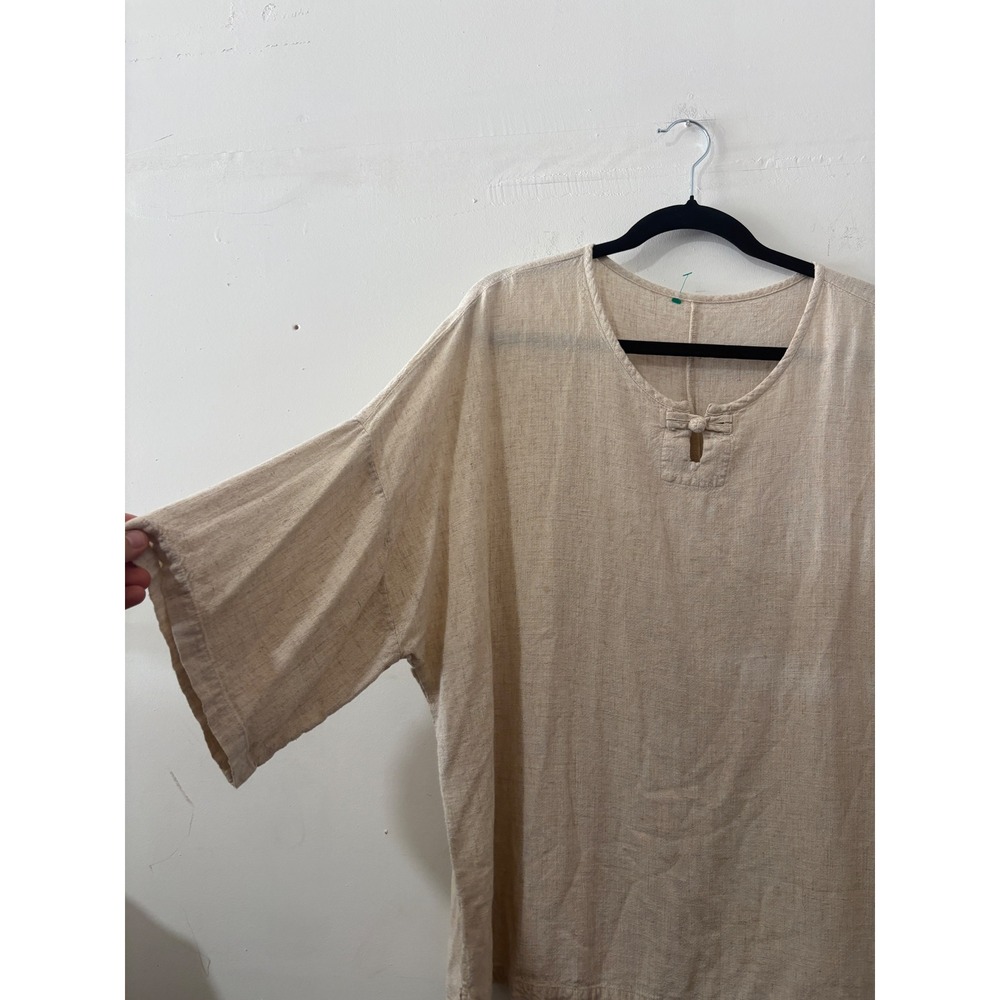 Minibee Linen Cotton Blend Oversized Tunic Top Beige Frog Button Keyhole Blouse - Picture 5 of 9